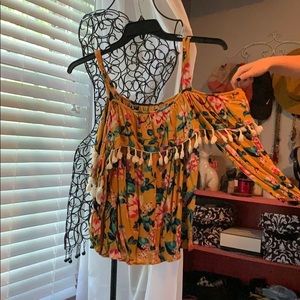 Mustard yellow floral cold shoulder top